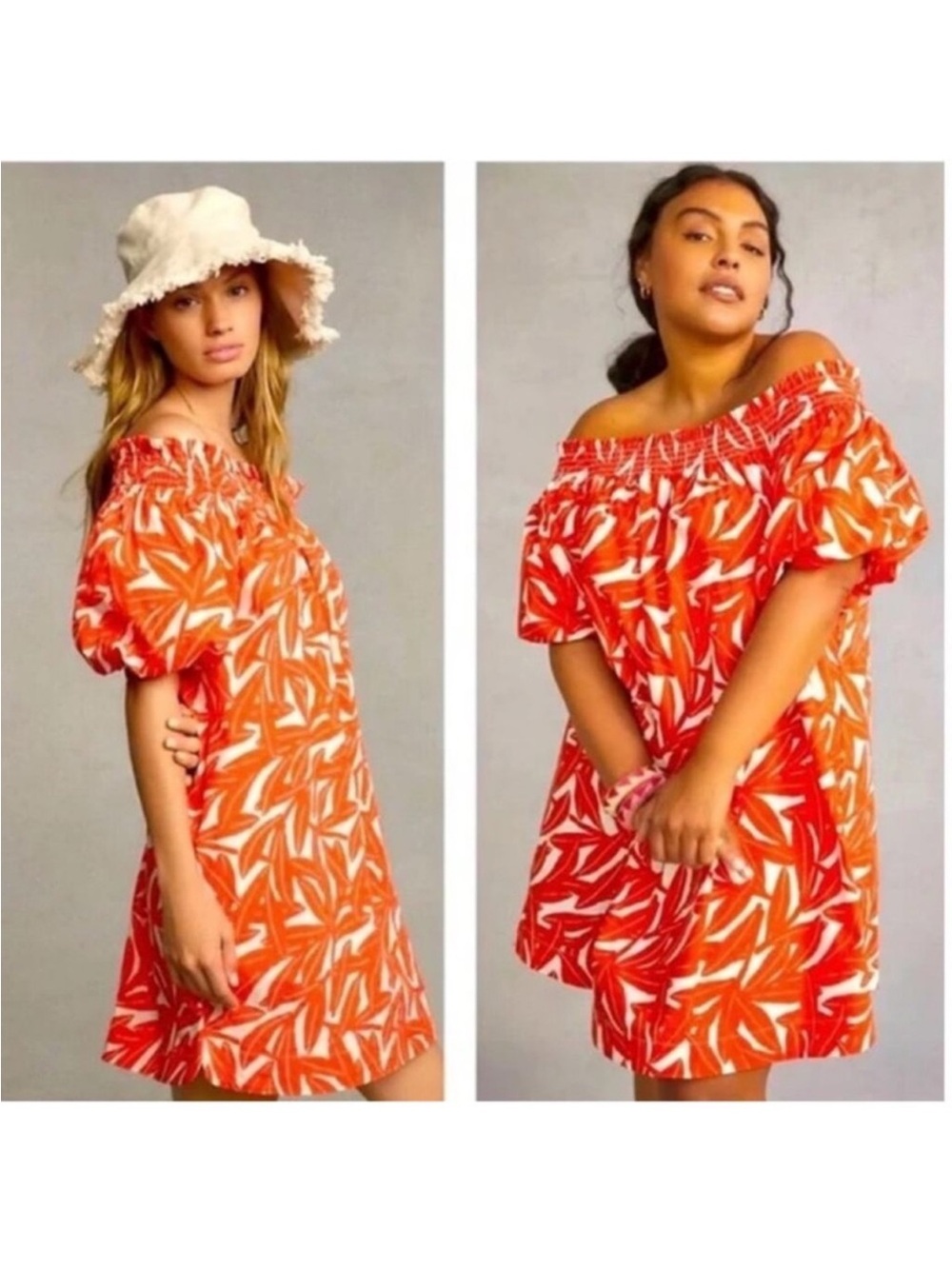 Anthropologie Whit Two Off The Shoulder Red & White Banana Leaf Pattern Dress L